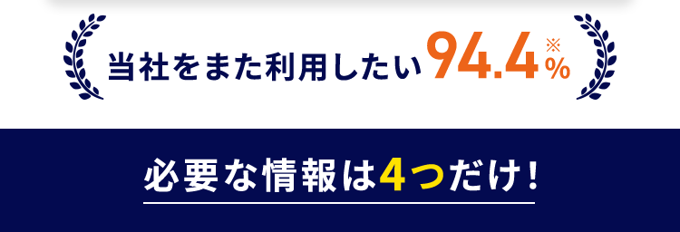 当社をまた
当社をまた利用したい 94.4 %
必要な情報は4つだけ!
✓ 種別
✓ 所在地
✓ 連絡先
✓ お名前
※当社でお取引いただいた売主様対象に2024年度10月~3月に実施したアンケートで、
もし不動産取引の機会が生じた際、 再度当社のご利用についてご検討いただけると回答
いただいた方の割合です。