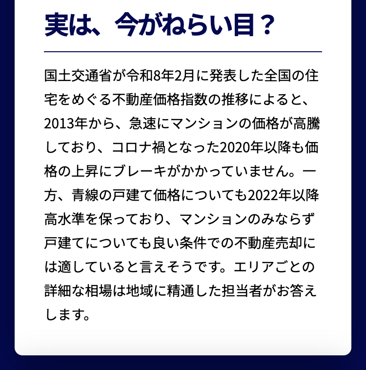 実は、今がねらい目?
-
国土交通省が令和8年2月に発表した全国の住
宅をめぐる不動産価格指数の推移によると、
2013年から、急速にマンションの価格が高騰
しており、コロナ禍となった2020年以降も価
格の上昇にブレーキがかかっていません。
方、青線の戸建て価格についても2022年以降
高水準を保っており、マンションのみならず
戸建てについても良い条件での不動産売却に
は適していると言えそうです。 エリアごとの
詳細な相場は地域に精通した担当者がお答え
します。