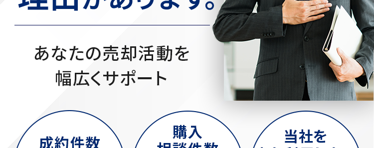 好条件売却
できる
理由があります。
あなたの売却活動を
幅広くサポート
購入
成約件数
相談件数
2025年度全国実績
※2025年度全国実績
28,000
120,000
件以上
件以上
800
当社を
また利用したい
95.6%
※当社でお取引いただいた売主様対象に2025年度に実施したアンケートで、
もし不動産取引の機会が生じた際、 再度当社のご利用についてご検討いた
だけると回答いただいた方の割合です。
