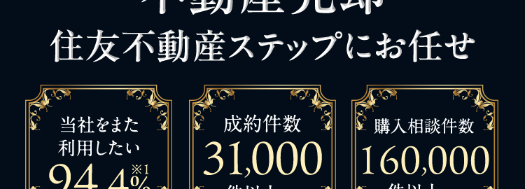 たったの30秒でカンタンお問い合わせ!
東京23区の
不動産売却
住友不動産ステップにお任せ
当社をまた
成約件数
購入相談件数
利用したい
31,000 160,000
94.4%
件以上※2
件以上※2
\30秒でカンタン! /
お気軽にお問い合わせください!
※1 当社でお取引いただいた売主様対象に2024年度10月~3月に実施したアンケート
で、もし不動産取引の機会が生じた際、 再度当社のご利用についてご検討いただけると回
答いただいた方の割合です。
※22024年度全国年度実績