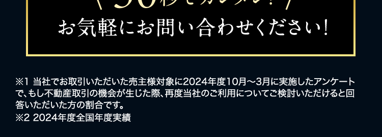 たったの30秒でカンタンお問い合わせ!
東京23区の
不動産売却
住友不動産ステップにお任せ
当社をまた
成約件数
購入相談件数
利用したい
31,000 160,000
94.4%
件以上※2
件以上※2
\30秒でカンタン! /
お気軽にお問い合わせください!
※1 当社でお取引いただいた売主様対象に2024年度10月~3月に実施したアンケート
で、もし不動産取引の機会が生じた際、 再度当社のご利用についてご検討いただけると回
答いただいた方の割合です。
※22024年度全国年度実績